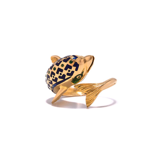 18K Gold Enameled Dolphin Ring