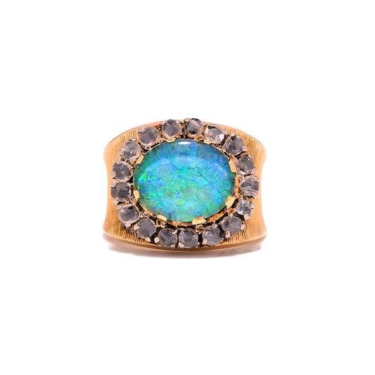 Exceptional Turquoise 2 carat Opal and circa 1 carat Rose Cut Diamonds Ring