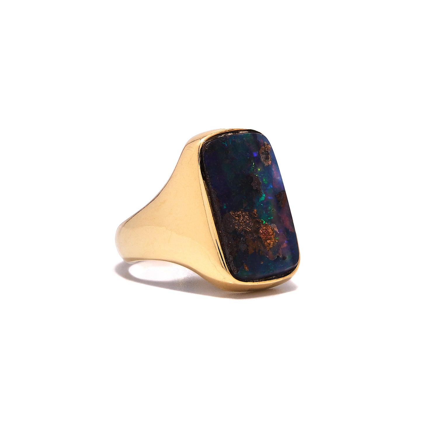 Rectangular Exceptional Dark Blue Opal Ring 14k Gold Austrian Work and Horse Head Hallmarked