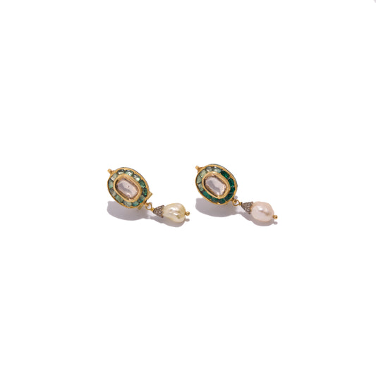 Sophisticated Rough Uncut Diamonds 18 k Gold Enamelled Bahraini Pearls Earrings