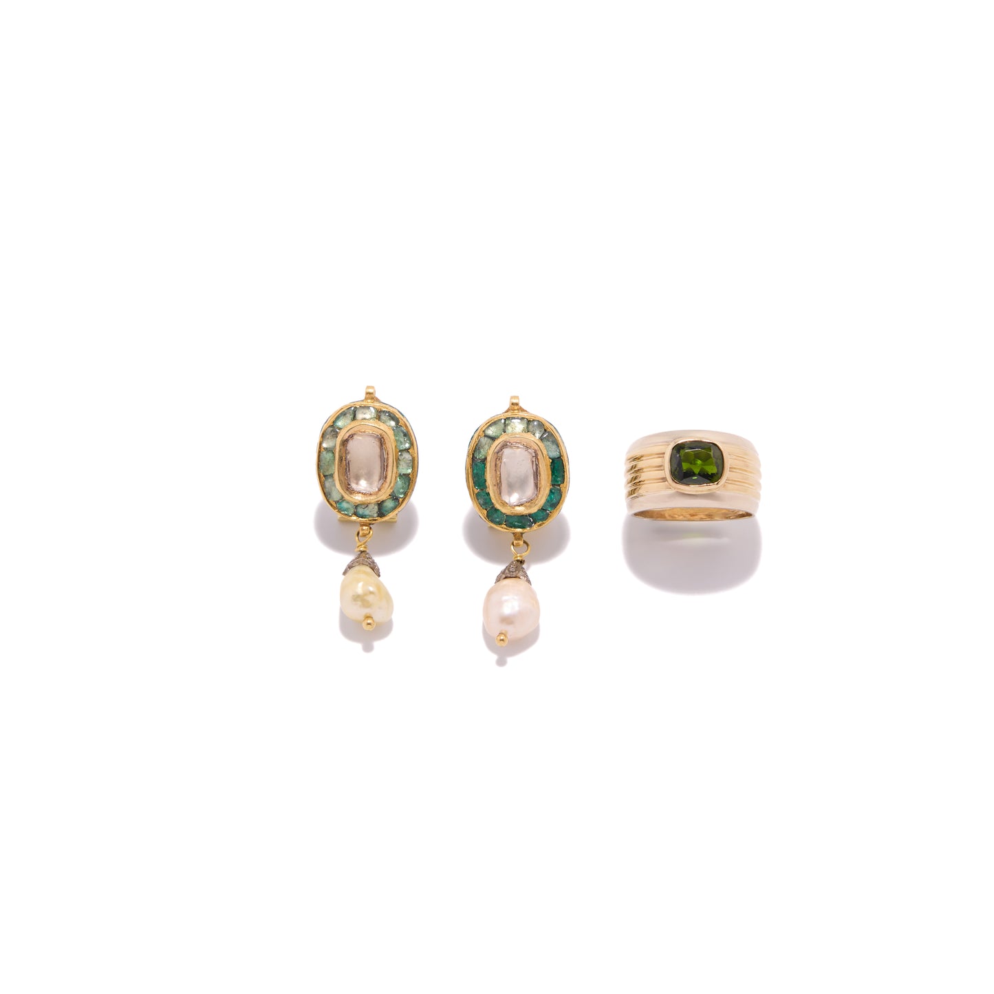 Sophisticated Rough Uncut Diamonds 18 k Gold Enamelled Bahraini Pearls Earrings