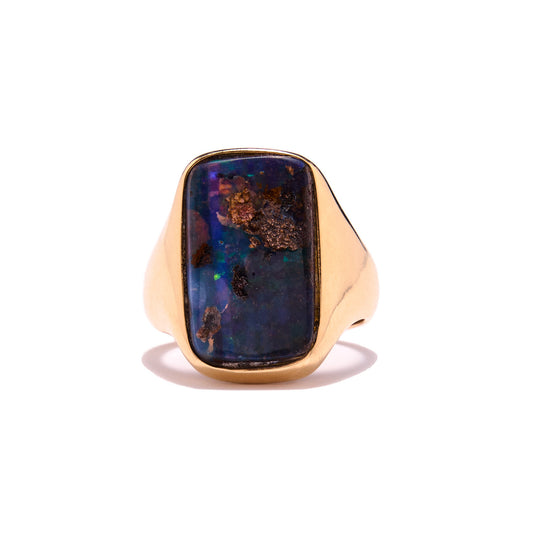 Rectangular Exceptional Dark Blue Opal Ring 14k Gold Austrian Work and Horse Head Hallmarked