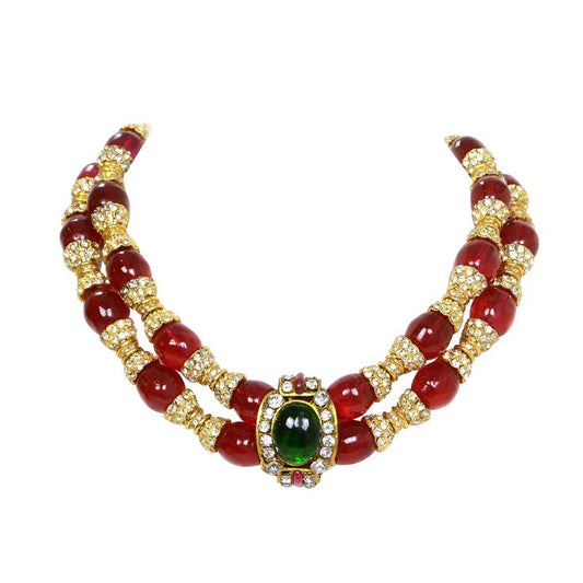 CHANEL Vintage '83 Red Gripoix and Rhinestone Double Tier Necklace